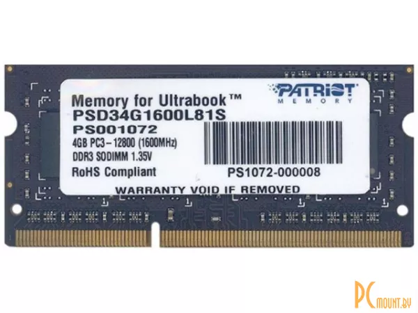 Память для ноутбука SODDR3L, 4GB, PC12800 (1600MHz), Patriot PSD34G1600L81S